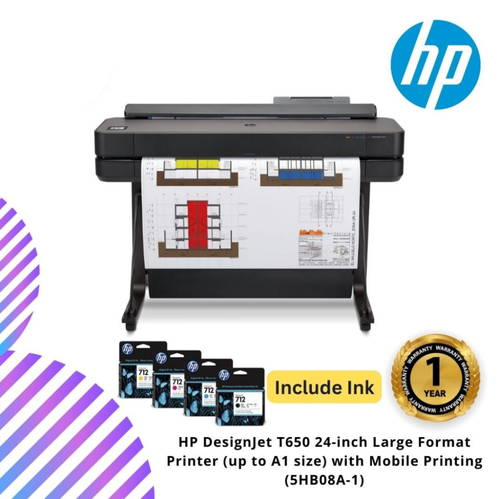 HP DesignJet T650 24-inch Large Format Printer (up to A1 size) with ...