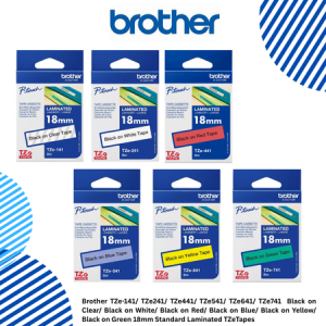 Brother TZe-141/ TZe241/ TZe441/ TZe541/ TZe641/ TZe741  Black on Clear/ Black on White/ Black on Red/ Black on Blue/ Black on Yellow/ Black on Green 18mm Standard Laminated TZeTapes