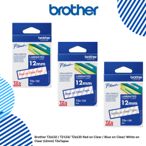 Brother TZe132 / TZ-133/ TZe135 Red on Clear / Blue on Clear/ White on Clear (12mm) TZeTapes