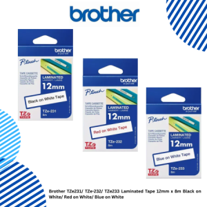 Brother TZe231/ TZe-232/ TZe233 Laminated Tape 12mm x 8m Black on White/ Red on White/ Blue on White