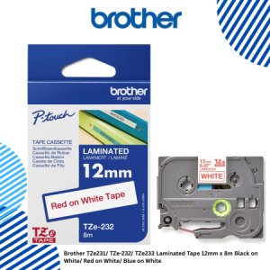 Brother TZe231/ TZe-232/ TZe233 Laminated Tape 12mm x 8m Black on White/ Red on White/ Blue on White