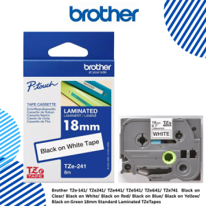 Brother TZe-141/ TZe241/ TZe441/ TZe541/ TZe641/ TZe741  Black on Clear/ Black on White/ Black on Red/ Black on Blue/ Black on Yellow/ Black on Green 18mm Standard Laminated TZeTapes