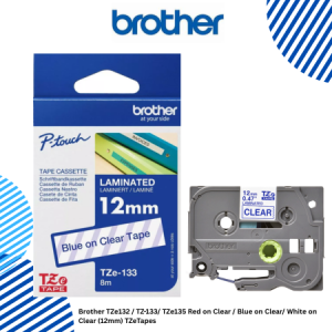 3 BrotherTZ-133 Blue on Clear (12mm) TZeTapes Brother TZe132 / TZ-133/ TZe135 Red on Clear / Blue on Clear/ White on Clear (12mm) TZeTapes