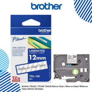 4 Brother TZe135 White on Clear (12mm) TZeTapes Brother TZe132 / TZ-133/ TZe135 Red on Clear / Blue on Clear/ White on Clear (12mm) TZeTapes