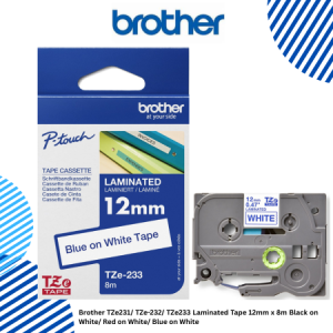 Brother TZe231/ TZe-232/ TZe233 Laminated Tape 12mm x 8m Black on White/ Red on White/ Blue on White