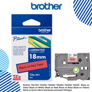 Brother TZe-141/ TZe241/ TZe441/ TZe541/ TZe641/ TZe741  Black on Clear/ Black on White/ Black on Red/ Black on Blue/ Black on Yellow/ Black on Green 18mm Standard Laminated TZeTapes