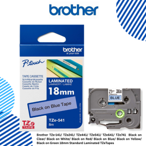 Brother TZe-141/ TZe241/ TZe441/ TZe541/ TZe641/ TZe741  Black on Clear/ Black on White/ Black on Red/ Black on Blue/ Black on Yellow/ Black on Green 18mm Standard Laminated TZeTapes