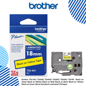 Brother TZe-141/ TZe241/ TZe441/ TZe541/ TZe641/ TZe741  Black on Clear/ Black on White/ Black on Red/ Black on Blue/ Black on Yellow/ Black on Green 18mm Standard Laminated TZeTapes