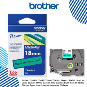 Brother TZe-141/ TZe241/ TZe441/ TZe541/ TZe641/ TZe741  Black on Clear/ Black on White/ Black on Red/ Black on Blue/ Black on Yellow/ Black on Green 18mm Standard Laminated TZeTapes