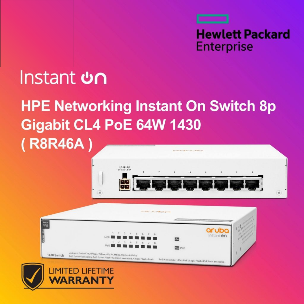 64w HPE Networking Instant On Switch 8p Gigabit CL4 PoE 64W 1430 ( R8R46A ...