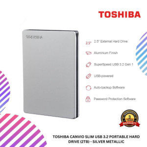 Toshiba Canvio Slim USB 3.2 Portable Hard Drive (2TB) - Silver metallic