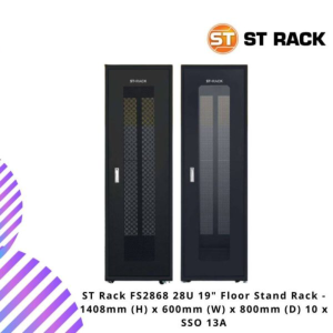 ST Rack FS2868 28U 19" Floor Stand Rack - 1408mm (H) x 600mm (W) x 800mm (D) 10 x SSO 13A
