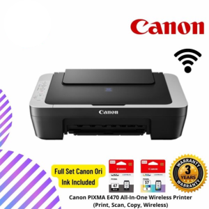 Canon PIXMA E470 All-In-One Wireless Printer (Print, Scan, Copy, Wireless) Ink Black & Color Included