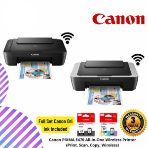 Canon PIXMA E470 All-In-One Wireless Printer (Print, Scan, Copy, Wireless) Ink Black & Color Included