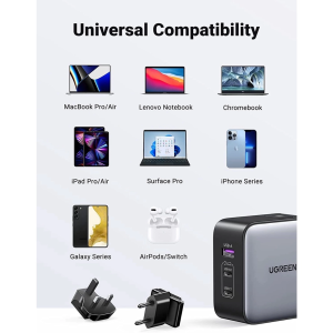 UGREEN 65W 2C1A WORLDWIDE TRAVEL GAN FAST CHARGER INTERCHANGEABLE UK/US/EU PLUGS