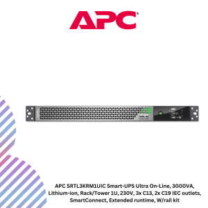 APC SRTL3KRM1UIC Smart-UPS Ultra On-Line, 3000VA, Lithium-ion, Rack/Tower 1U, 230V, 3x C13, 2x C19 IEC outlets, SmartConnect, Extended runtime, W/rail kit