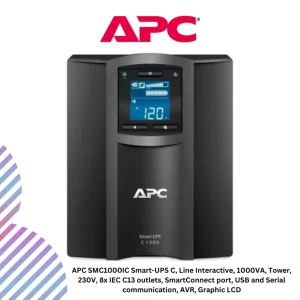 APC SMC1000IC Smart-UPS C, Line Interactive, 1000VA, Tower, 230V, 8x IEC C13 outlets, SmartConnect port, USB and Serial communication, AVR, Graphic LCD