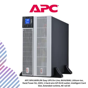 APC SRVL6KRILRK Easy UPS On-Line, 6kVA/6kW, Lithium-ion, Rack/Tower 5U, 230V, 1 Hard wire (1P+N+E) outlet, Intelligent Card Slot, Extended runtime, W/ rail kit