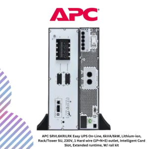 APC SRVL6KRILRK Easy UPS On-Line, 6kVA/6kW, Lithium-ion, Rack/Tower 5U, 230V, 1 Hard wire (1P+N+E) outlet, Intelligent Card Slot, Extended runtime, W/ rail kit