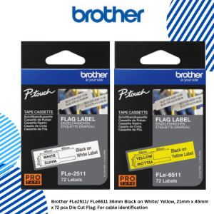 Brother FLe2511/ FLe6511 36mm Black on White/ Yellow, 21mm x 45mm x 72 pcs Die Cut Flag: For cable identification