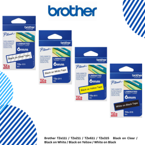 Brother TZe111 / TZe211 / TZe611 / TZe315   Black on Clear / Black on White / Black on Yellow / White on Black 6mm TZeTapes
