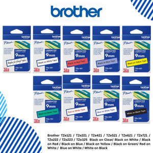 Brother TZe121 / TZe221 / TZe421 / TZe521 / TZe621 / TZe721 / TZe222 / TZe223 / TZe325  Black on Clear/ Black on White / Black on Red / Black on Blue / Black on Yellow / Black on Green/ Red on White /  Blue on White / White on Black 9mm TZeTapes