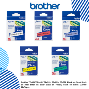 Brother TZe131/ TZe431/ TZe531/ TZe631/ TZe731  Black on Clear/ Black on Red/ Black on Blue/ Black on Yellow/ Black on Green (12mm) TZeTapes