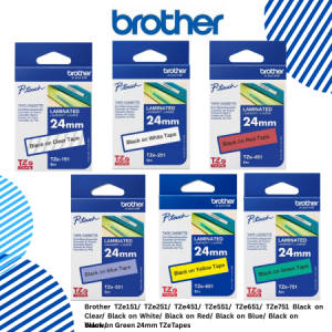 Brother TZe151/ TZe251/ TZe451/ TZe551/ TZe651/ TZe751 Black on Clear/ Black on White/ Black on Red/ Black on Blue/ Black on Yelow/ Black on Green 24mm TZeTapes