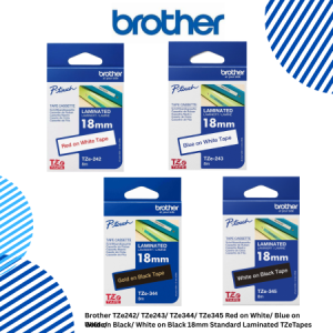 Brother TZe242/ TZe243/ TZe344/ TZe345 Red on White/ Blue on White/ Gold on Black/ White on Black 18mm Standard Laminated TZeTapes