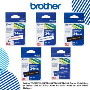 1 Brother TZe252 TZe253 TZe354 TZe355 TZe555 Red on White Blue on White Gold on Black White on Black White on Blue 24mm TZeTapes Brother TZe252/ TZe253/ TZe354/ TZe355/ TZe555 Red on White/ Blue on White/ Gold on Black/ White on Black/ White on Blue 24mm TZeTapes