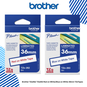 1 Brother TZe262 TZe263 Red on WhiteBlue on White 36mm TZeTapes Brother TZe262/ TZe263 Red on White/Blue on White 36mm TZeTapes