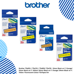 1 Brother TZeB31 TZeC31 TZeB51 TZeC51 12mm Black on F. Orange 12mm Black on F. Yellow 24mm Black on F. Orange 24mm Black on F. Yellow Fluorescent Colour TZeTapes 5m Brother TZeB31 / TZeC31 / TZeB51/ TZeC51 12mm Black on F. Orange/ 12mm Black on F. Yellow/ 24mm Black on F. Orange/ 24mm Black on F. Yellow Fluorescent Colour TZeTapes 5m