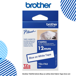 1 Brother TZeFA3 12mm Blue on white (3m) Fabric Tape (iron on) Brother TZeFA3 12mm Blue on white (3m) Fabric Tape (iron on)