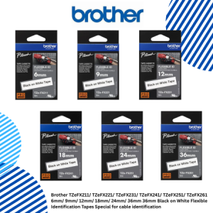 1 Brother TZeFX211 TZeFX221 TZeFX231 TZeFX241 TZeFX251 TZeFX261 6mm 9mm 12mm 18mm 24mm 36mm 36mm Black on White Flexible Identification Tapes Special for cable identification Brother TZeFX211/ TZeFX221/ TZeFX231/ TZeFX241/ TZeFX251/ TZeFX261 6mm/ 9mm/ 12mm/ 18mm/ 24mm/ 36mm Black on White Flexible Identification Tapes Special for cable identification