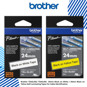 1 Brother TZeSL251 TZeSL651 24mm Black on White 24mm Black on Yellow Self-Laminating Tapes For Cable Identification Brother TZeSL261/ TZeSL651 24mm Black on White / 24mm Black on Yellow Self-Laminating Tapes For Cable Identification