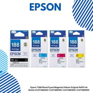 1 Epson T188 BlackCyanMagentaYellow Original Refill Ink Bottle (C13T188190 C13T188290 C13T188390 C13T188490) Epson T188 Black Cyan Magenta Yellow Original Refill Ink Bottle (C13T188190/ C13T188290/ C13T188390/ C13T188490)
