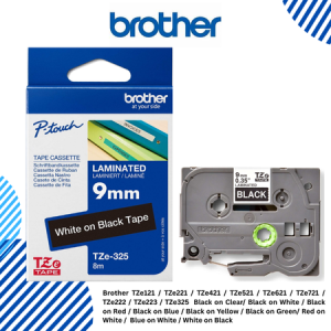 Brother TZe121 / TZe221 / TZe421 / TZe521 / TZe621 / TZe721 / TZe222 / TZe223 / TZe325  Black on Clear/ Black on White / Black on Red / Black on Blue / Black on Yellow / Black on Green/ Red on White /  Blue on White / White on Black 9mm TZeTapes