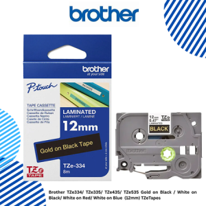 Brother TZe334/ TZe335/ TZe435/ TZe535 Gold on Black / White on Black/ White on Red/ White on Blue  (12mm) TZeTapes