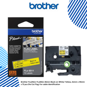 3 Brother FLe6511 36mm Black on Yellow, 21mm x 45mm x 72 pcs Die Cut Flag For cable identification Brother FLe2511/ FLe6511 36mm Black on White/ Yellow, 21mm x 45mm x 72 pcs Die Cut Flag: For cable identification