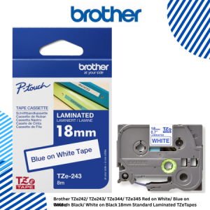Brother TZe242/ TZe243/ TZe344/ TZe345 Red on White/ Blue on White/ Gold on Black/ White on Black 18mm Standard Laminated TZeTapes