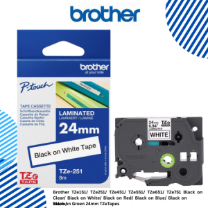 Brother TZe151/ TZe251/ TZe451/ TZe551/ TZe651/ TZe751 Black on Clear/ Black on White/ Black on Red/ Black on Blue/ Black on Yelow/ Black on Green 24mm TZeTapes