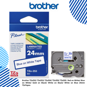 Brother TZe252/ TZe253/ TZe354/ TZe355/ TZe555  Red on White/ Blue on White/ Gold on Black/ White on Black/ White on Blue 24mm TZeTapes