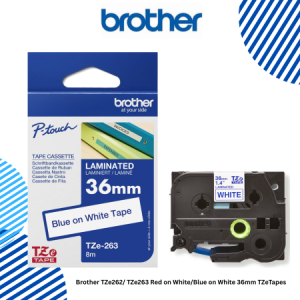 3 Brother TZe263 Blue on White 36mm TZeTapes Brother TZe262/ TZe263 Red on White/Blue on White 36mm TZeTapes