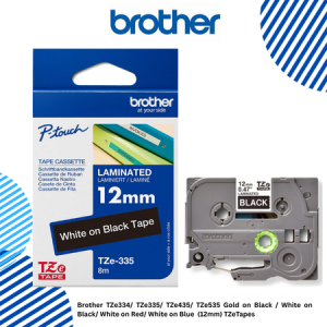 Brother TZe334/ TZe335/ TZe435/ TZe535 Gold on Black / White on Black/ White on Red/ White on Blue  (12mm) TZeTapes