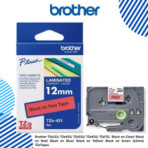 Brother TZe131/ TZe431/ TZe531/ TZe631/ TZe731  Black on Clear/ Black on Red/ Black on Blue/ Black on Yellow/ Black on Green (12mm) TZeTapes
