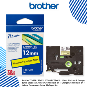 3 Brother TZeC31 12mm Black on F. Yellow Fluorescent Colour TZeTapes 5m Brother TZeB31 / TZeC31 / TZeB51/ TZeC51 12mm Black on F. Orange/ 12mm Black on F. Yellow/ 24mm Black on F. Orange/ 24mm Black on F. Yellow Fluorescent Colour TZeTapes 5m
