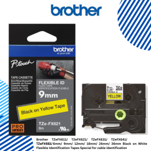 Brother TZeFX611/ TZeFX621/ TZeFX631/ TZeFX641/ TZeFX651/ TZeFX661 6mm/ 9mm/ 12mm/ 18mm/ 24mm/ 36mm Black on White Flexible Identification Tapes Special for cable identification