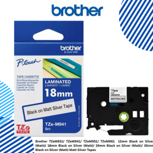 Brother TZeM931/ TZeM941/ TZeM951/ TZeM961  12mm Black on Silver (Matt)/ 18mm Black on Silver (Matt)/ 24mm Black on Silver (Matt)/ 36mm Black on Silver (Matt) Matt Silver Tapes