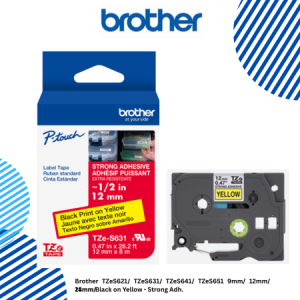 Brother TZeS621/ TZeS631/ TZeS641/ TZeS651 9mm/ 12mm/ 18mm/ 24mm Black on Yellow Strong Adh.