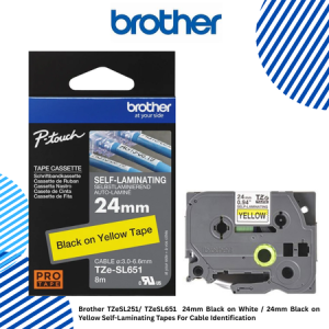 3 Brother TZeSL651 24mm Black on Yellow Self-Laminating Tapes For Cable Identification Brother TZeSL261/ TZeSL651 24mm Black on White / 24mm Black on Yellow Self-Laminating Tapes For Cable Identification